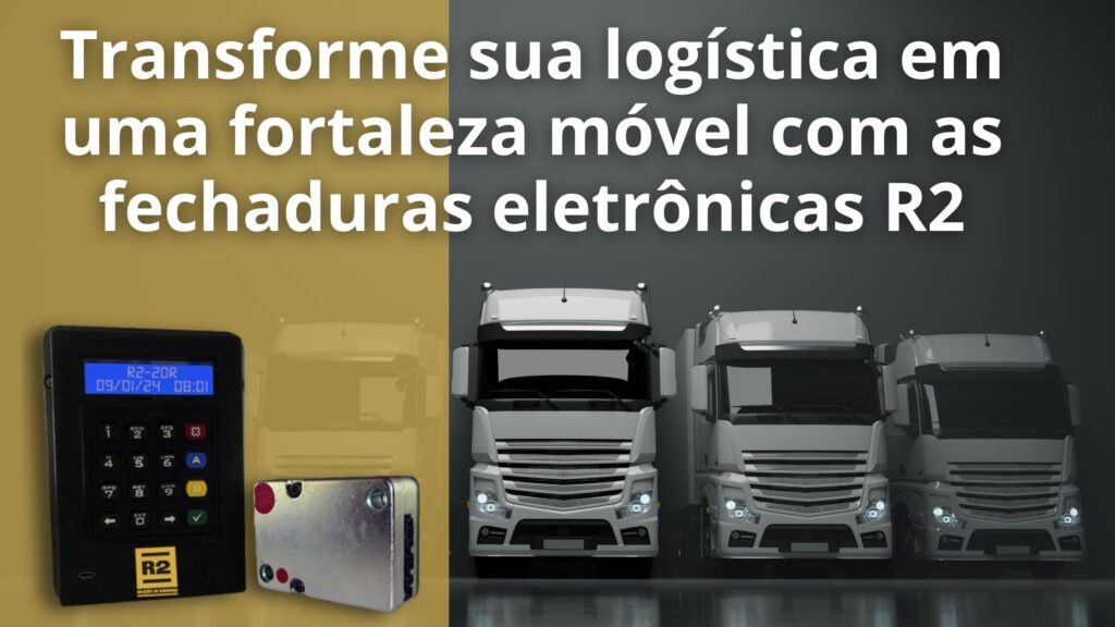 Uma frota de caminhões e uma fechadura eletrônica de alta segurança com GPS ao lado esquerdo.